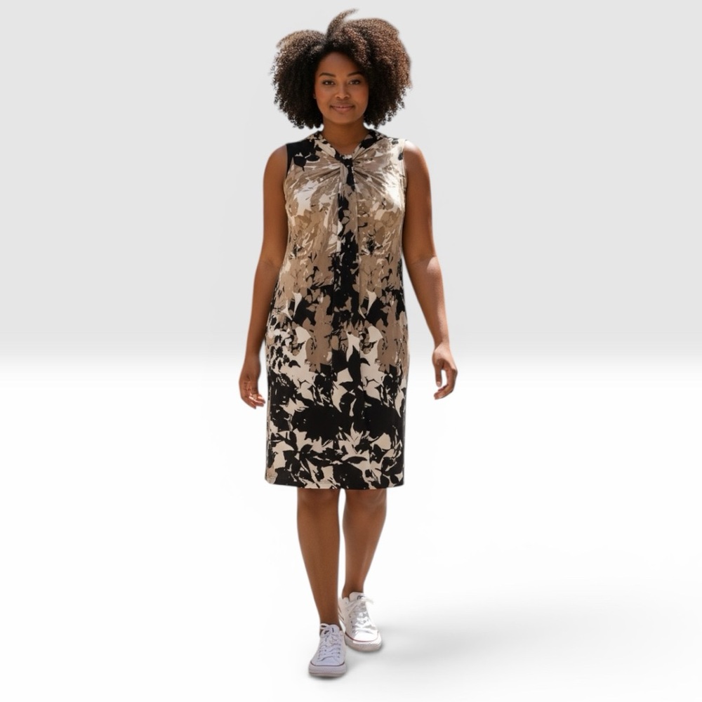 CHAUS Black Tan White Print Sleeveless Dress Size Large NWOT